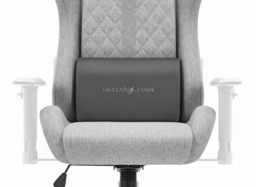 Fotel gamingowy HELL'S CHAIR HC 1006 Szaro-biały zbliżenie na siedzisko i poduszkę fotela jasne tło dbałość o elementy trwała oddychająca tkanina profilowana poduszka pod lędźwie tapicerowane podłokietniki