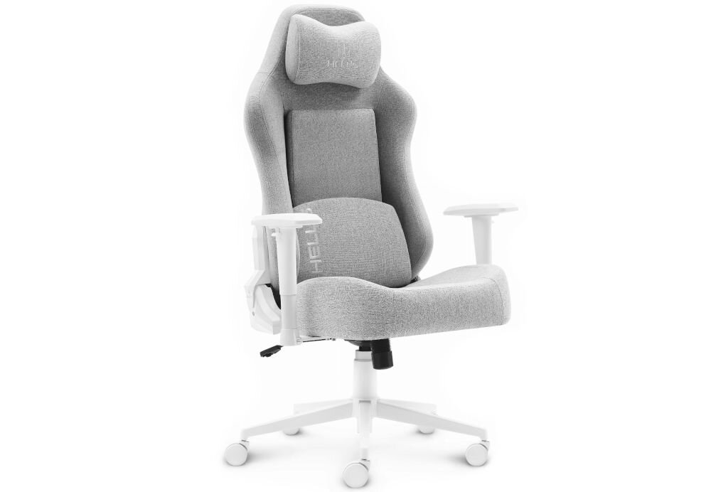 Fotel gamingowy HELL'S CHAIR HC 1009 Biało-szary  prezentacja fotela od przodu pod kątem na jasnym tle dopracowany i subtelny design komfort elegancka forma regulowane podłokietniki