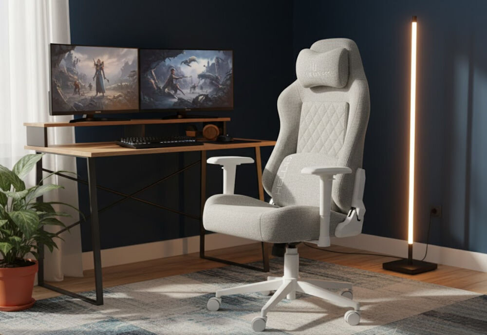 Fotel gamingowy HELL'S CHAIR HC 1009 Biało-szary  prezentacja fotela w pokoju przy biurku do 120 kg bezpieczne stabilne użytkowanie trwałość wygoda