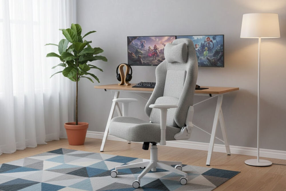 Fotel gamingowy HELL'S CHAIR HC 1009 Biało-szary  prezentacja fotela przed biurkiem w pokoju wzrost optymalne dopasowanie podparcie ciała komfort