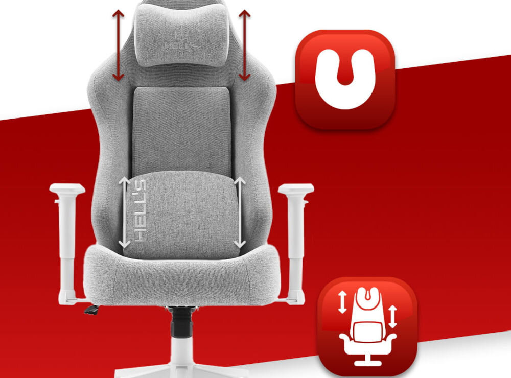 Fotel gamingowy HELL'S CHAIR HC 1009 Biało-szary  prezentacja fotela na czerwono-białym tle strzałkami zaznaczona możliwość regulacji poduszek ikony poduszka lędźwiowa poduszka wspierająca mięśnie karku odpowiednie podparcie dla ciała komfort suwak wymiana wypełnienia indywidualne potrzeby