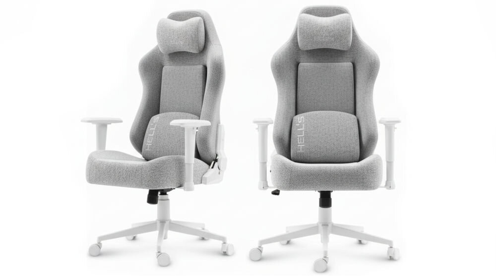 Fotel gamingowy HELL'S CHAIR HC 1009 Biało-szary  prezentacja fotela od przodu i pod kątem na białym tle spełnia wymogi BHP i zasady ergonomii zgodność z przepisami komfort podczas wielogodzinnej pracy