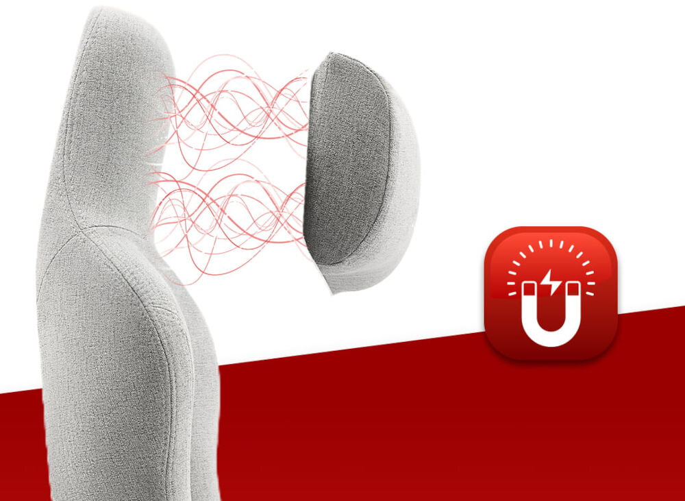 Fotel gamingowy HELL'S CHAIR HC 1009 Biało-szary  zbliżenie na oparcie od boku i pokazanie magnetycznej poduszki na czerwono-białym tle ikona wyprofilowana poduszka wsparcie głowy i mięśni karku komfort suwak indywidualny poziom miękkości magnes