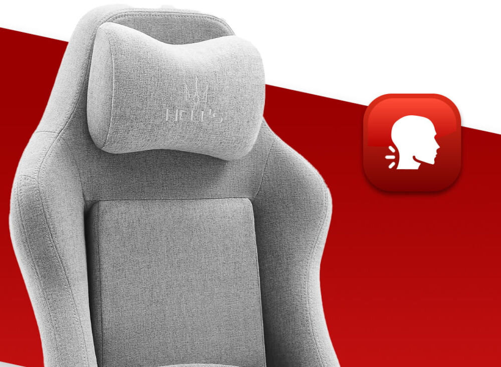 Fotel gamingowy HELL'S CHAIR HC 1009 Biało-szary  zbliżenie na oparcie i poduszkę na czerwono-białym tle ikona wyprofilowany kształt oparcia zapobieganie dolegliwościom bólowym kręgosłupa utrzymanie prawidłowej postawy komfort regulacja wysokości oparcia