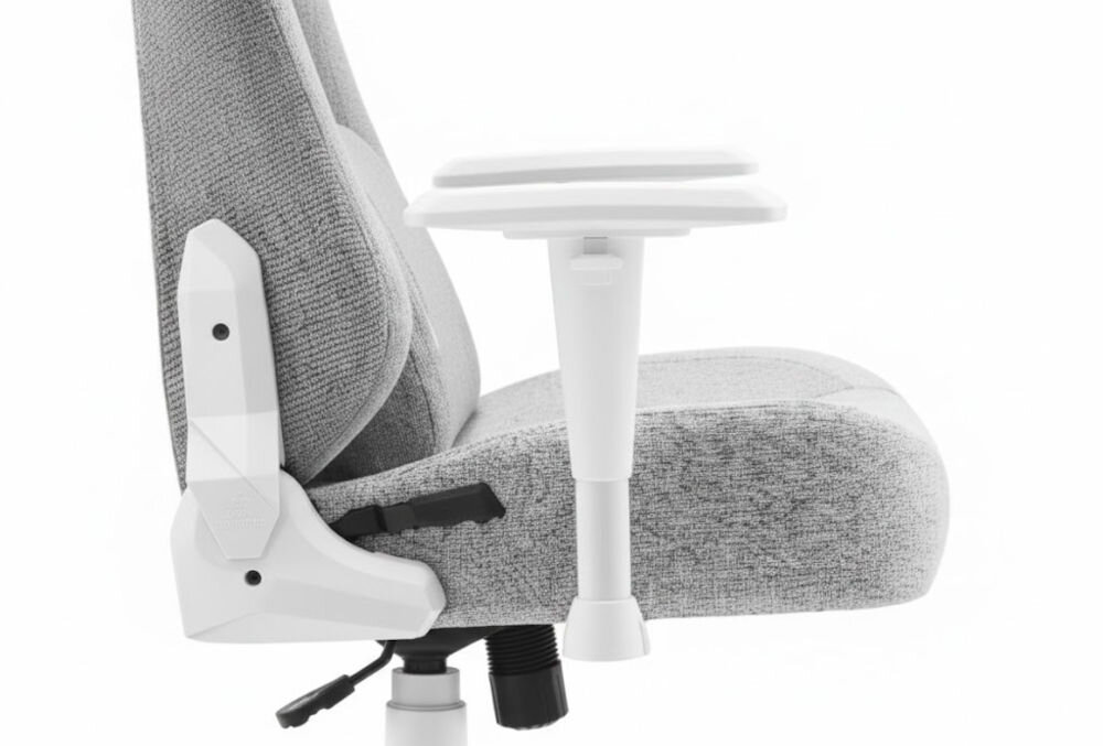 Fotel gamingowy HELL'S CHAIR HC 1009 Biało-szary  zbliżenie na podłokietniki jasne tło regulacja 2D wysokość kąt redukcja napięcia wygodna pozycja