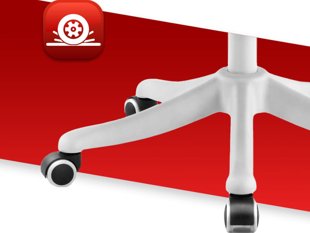 Fotel biurowy HELL'S CHAIR HC-1011 Szary zbliżenie na kółka na czerwono-białym tle ikona kółek poliuretanowo-kauczukowa powłoka cicha i płynna praca ochrona podłogi