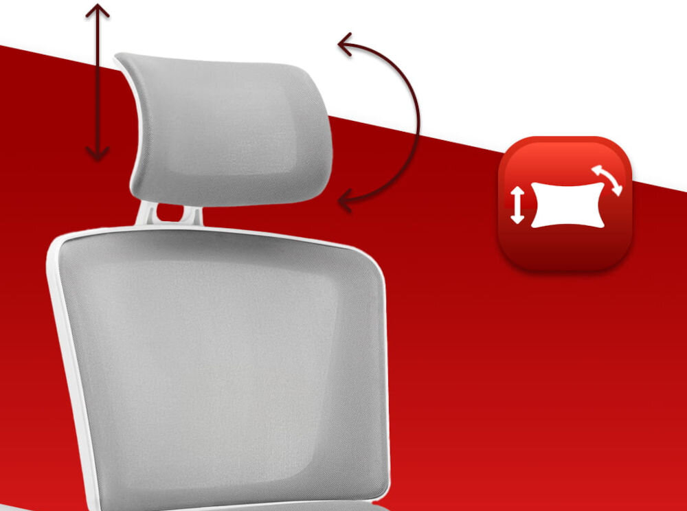 Fotel biurowy HELL'S CHAIR HC-1011 Szary zbliżenie na oparcie i zagłówek na czerwono-białym tle ikona zagłówek oparcie dla głowy mięśni karku wygoda podczas wielogodzinnej pracy redukcja napięcia ergonomia stanowiska regulacja