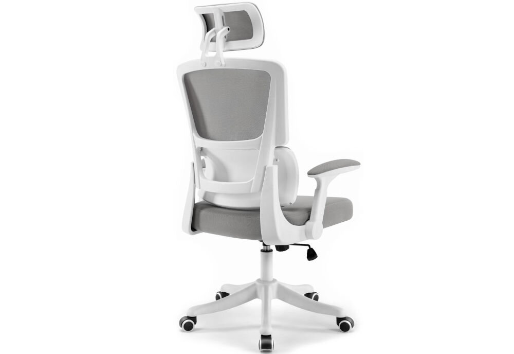 Fotel biurowy HELL'S CHAIR HC-1011 Szary prezentacja fotela od tyłu pod kątem na jasnym tle szerokie zastosowanie rozrywka nauka praca ergonomia partner do zadań specjalnych