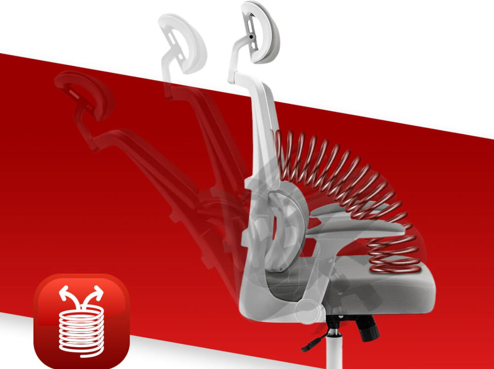 Fotel biurowy HELL'S CHAIR HC-1011 Szary prezentacja fotela od boku i jego możliwej regulacji TILT na czerwono-białym tle mechanizm TILT kołysanie chwila odpoczynku dźwignia pod siedziskiem rozluźnienie mięśni