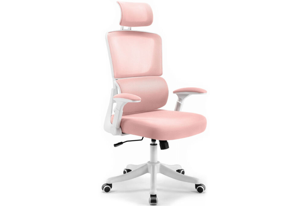 Fotel biurowy HELL'S CHAIR HC-1011 Różowy prezentacja fotela od przodu pod kątem na jasnym tle dopracowany design komfort elegancka forma