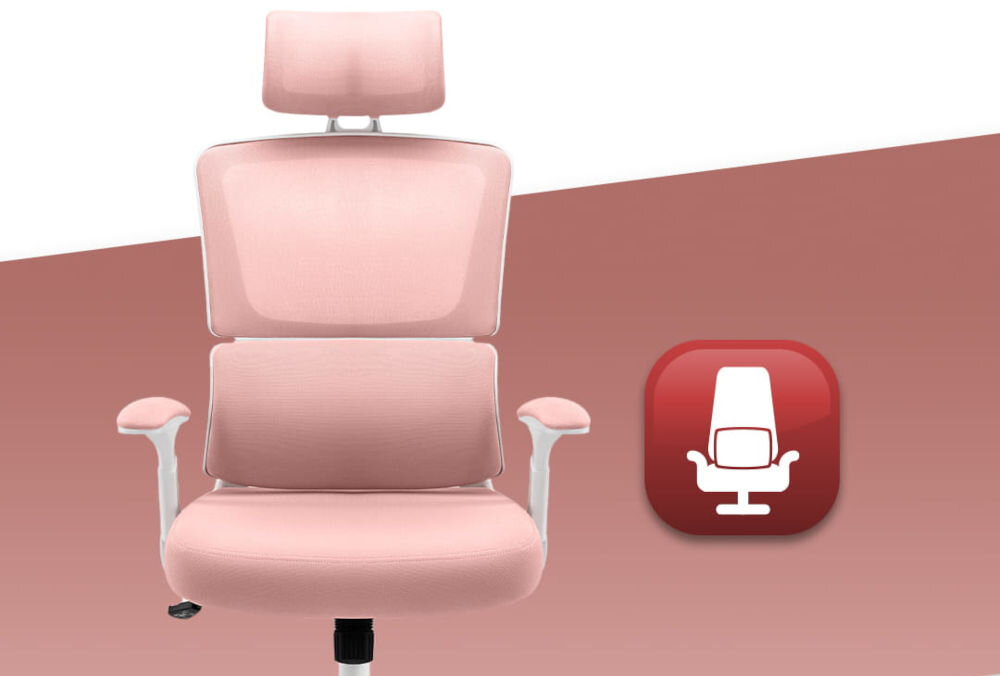 Fotel biurowy HELL'S CHAIR HC-1011 Różowy prezentacja fotela od przodu na różowo-białym tle ikona do 120 kg bezpieczne stabilne użytkowanie trwałość wygoda