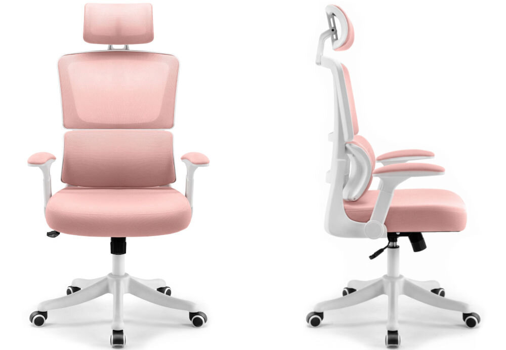 Fotel biurowy HELL'S CHAIR HC-1011 Różowy prezentacja fotela od boku i przodu na białym tle wymiary stabilność