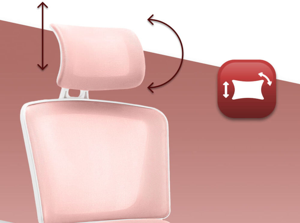 Fotel biurowy HELL'S CHAIR HC-1011 Różowy zbliżenie na oparcie i zagłówek na różowo-białym tle ikona zagłówek oparcie dla głowy mięśni karku wygoda podczas wielogodzinnej pracy redukcja napięcia ergonomia stanowiska regulacja
