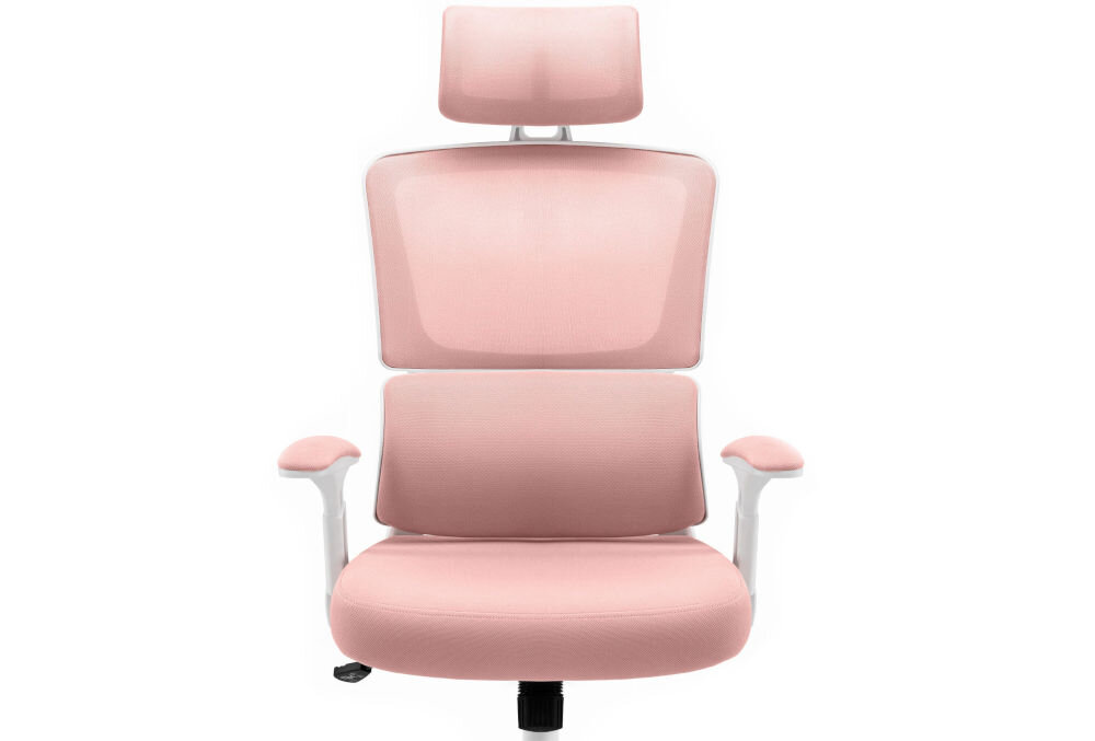 Fotel biurowy HELL'S CHAIR HC-1011 Różowy prezentacja fotela od przodu na jasnym tle wyprofilowany kształt oparcia zapobieganie dolegliwościom bólowym kręgosłupa utrzymanie prawidłowej postawy komfort