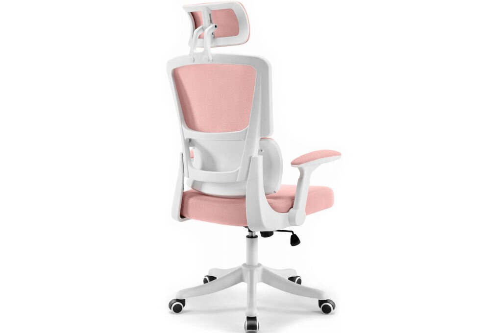 Fotel biurowy HELL'S CHAIR HC-1011 Różowy prezentacja fotela od tyłu pod kątem na jasnym tle szerokie zastosowanie rozrywka nauka praca ergonomia partner do zadań specjalnych
