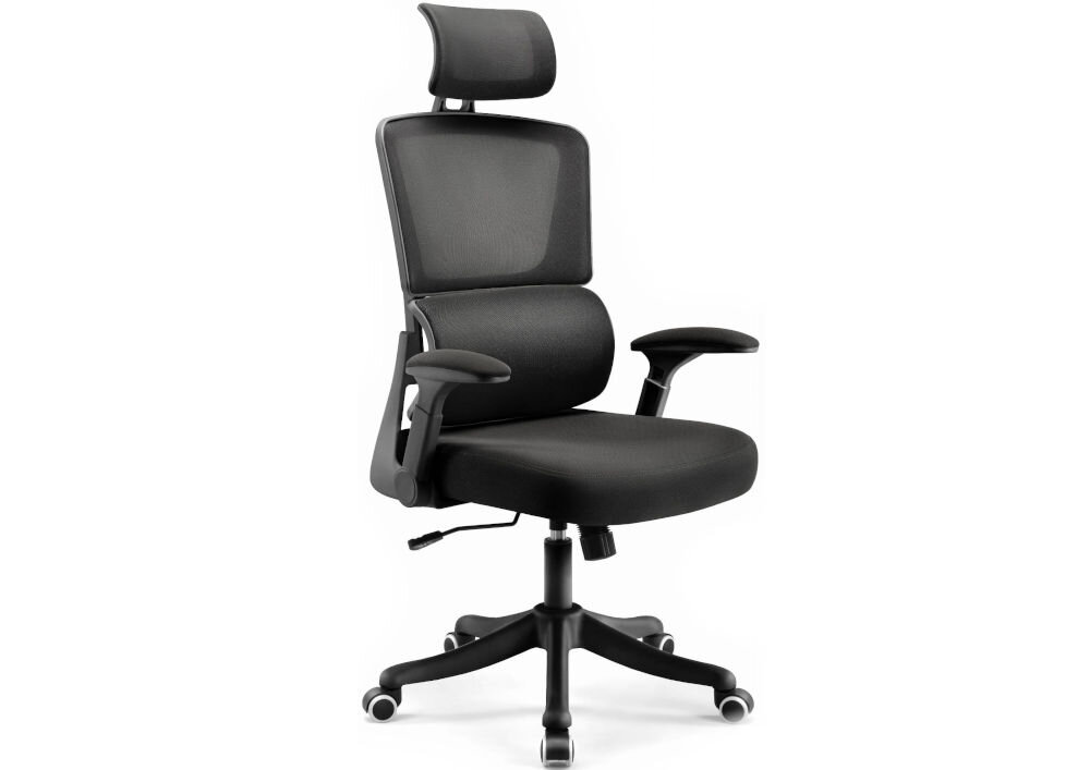 Fotel biurowy HELL'S CHAIR HC-1011 Czarny prezentacja fotela od przodu pod kątem na jasnym tle dopracowany design komfort elegancka forma