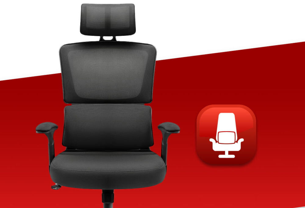 Fotel biurowy HELL'S CHAIR HC-1011 Czarny prezentacja fotela od przodu na czerwono-białym tle ikona do 120 kg bezpieczne stabilne użytkowanie trwałość wygoda