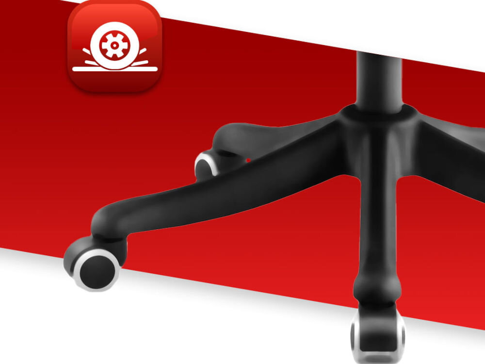 Fotel biurowy HELL'S CHAIR HC-1011 Czarny zbliżenie na kółka na czerwono-białym tle ikona kółek poliuretanowo-kauczukowa powłoka cicha i płynna praca ochrona podłogi