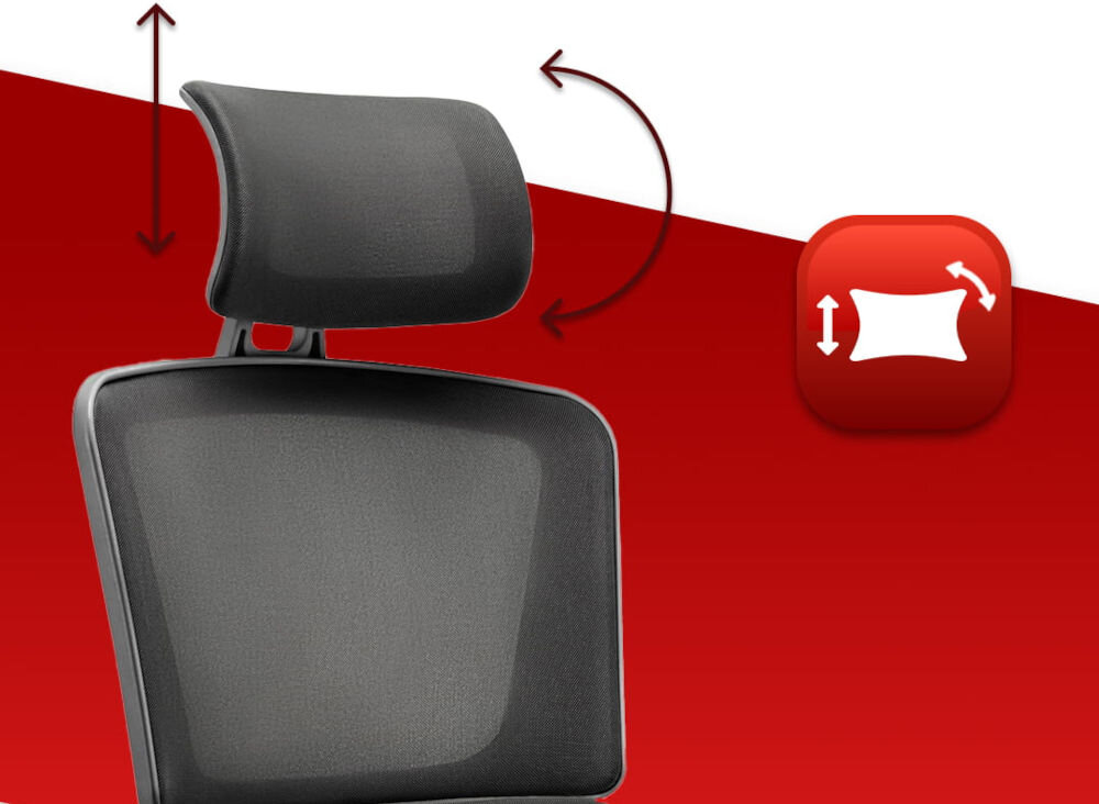 Fotel biurowy HELL'S CHAIR HC-1011 Czarny zbliżenie na oparcie i zagłówek na czerwono-białym tle ikona zagłówek oparcie dla głowy mięśni karku wygoda podczas wielogodzinnej pracy redukcja napięcia ergonomia stanowiska regulacja