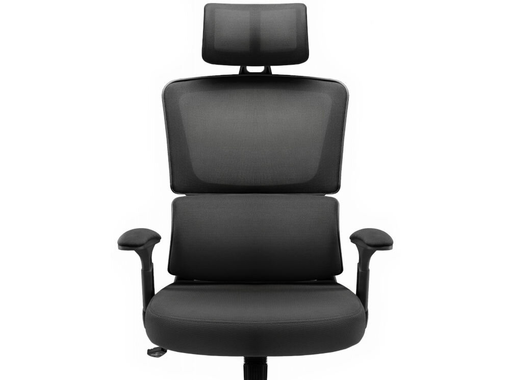 Fotel biurowy HELL'S CHAIR HC-1011 Czarny prezentacja fotela od przodu na jasnym tle wyprofilowany kształt oparcia zapobieganie dolegliwościom bólowym kręgosłupa utrzymanie prawidłowej postawy komfort