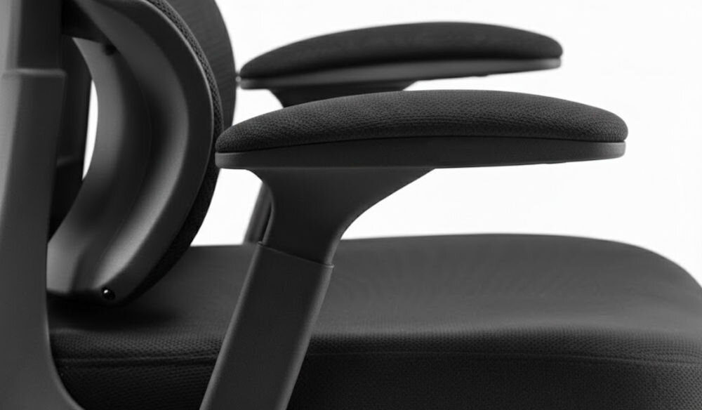 Fotel biurowy HELL'S CHAIR HC-1011 Czarny zbliżenie na podłokietniki jasne tło miękkie wypełnienie solidne podparcie spójna stylistyka komfort przedramion odchylenie