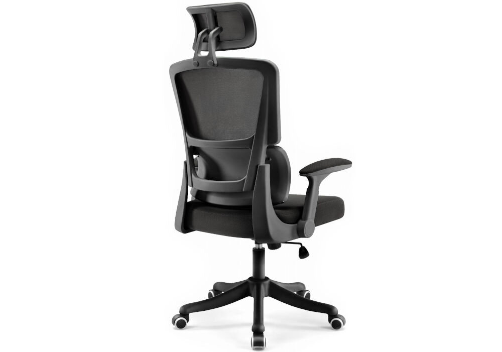 Fotel biurowy HELL'S CHAIR HC-1011 Czarny prezentacja fotela od tyłu pod kątem na jasnym tle szerokie zastosowanie rozrywka nauka praca ergonomia partner do zadań specjalnych