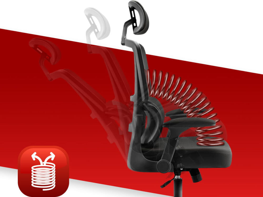 Fotel biurowy HELL'S CHAIR HC-1011 Czarny prezentacja fotela od boku i jego możliwej regulacji TILT na czerwono-białym tle mechanizm TILT kołysanie chwila odpoczynku dźwignia pod siedziskiem rozluźnienie mięśni