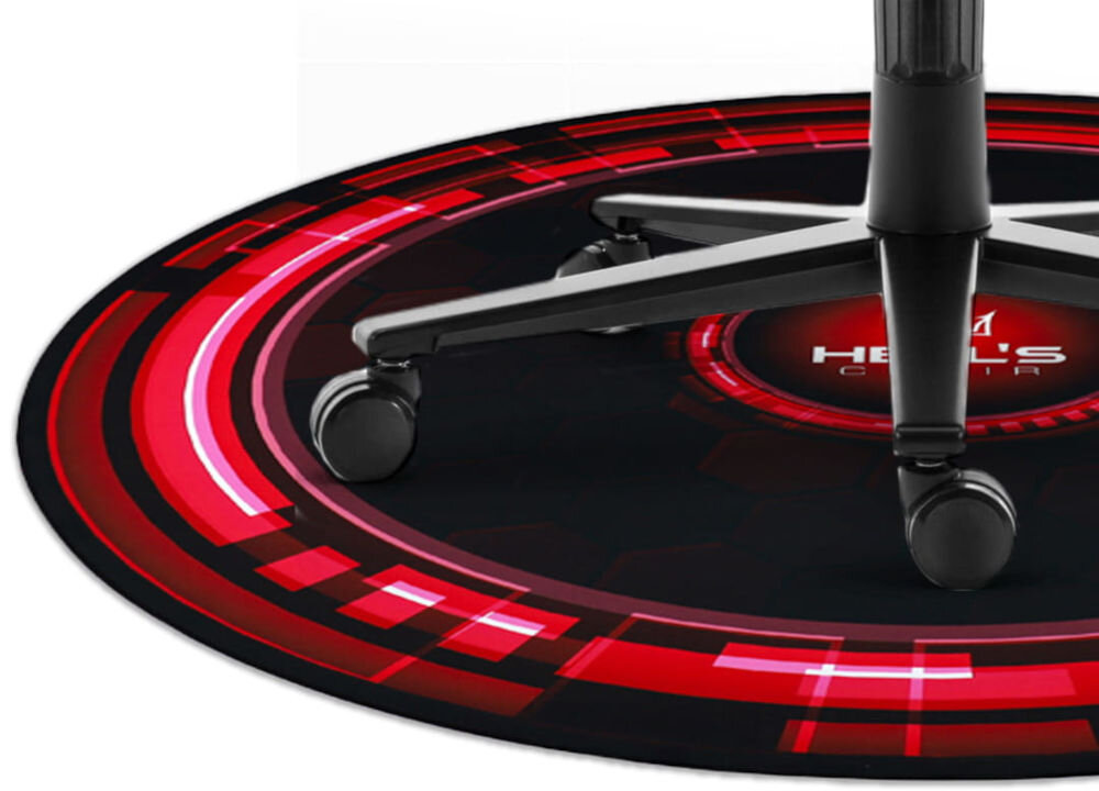 Mata pod fotel HELL'S CHAIR Rainbow Czarno-czerwony zbliżenie na część maty na białym tle na niej fotel gładka powierzchnia swobodne ruchy fotela usprawnia działanie kółek ergonomia