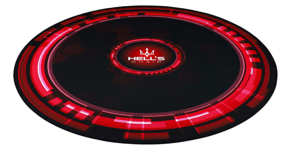Mata pod fotel HELL'S CHAIR Rainbow Czarno-czerwony prezentacja maty na białym tle w perspektywie okrągła mata średnica 120 cm swobodne manewrowanie