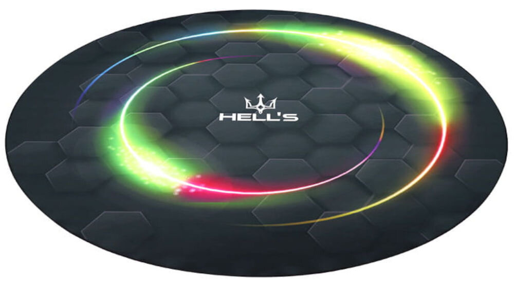 Mata pod fotel HELL'S CHAIR Rainbow Czarny (kolorowe elementy) prezentacja maty na białym tle w perspektywie okrągła mata średnica 120 cm swobodne manewrowanie