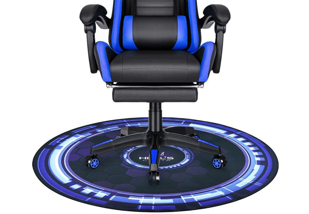 Mata pod fotel HELL'S CHAIR Rainbow Niebieski zbliżenie na matę na białym tle z fotelem ochrona powierzchni przed zarysowaniami zachowanie estetycznego wyglądu