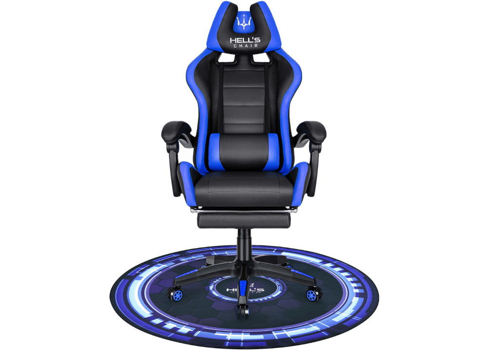 Mata pod fotel HELL'S CHAIR Rainbow Niebieski prezentacja maty na białym tle na niej fotel wyrazista grafika funkcja dekoracyjna gamingowy charakter