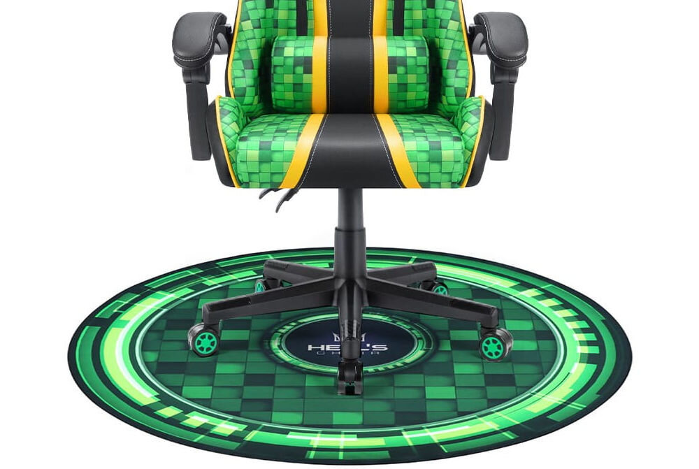 Mata pod fotel HELL'S CHAIR Rainbow Zielony zbliżenie na matę na białym tle z fotelem ochrona powierzchni przed zarysowaniami zachowanie estetycznego wyglądu