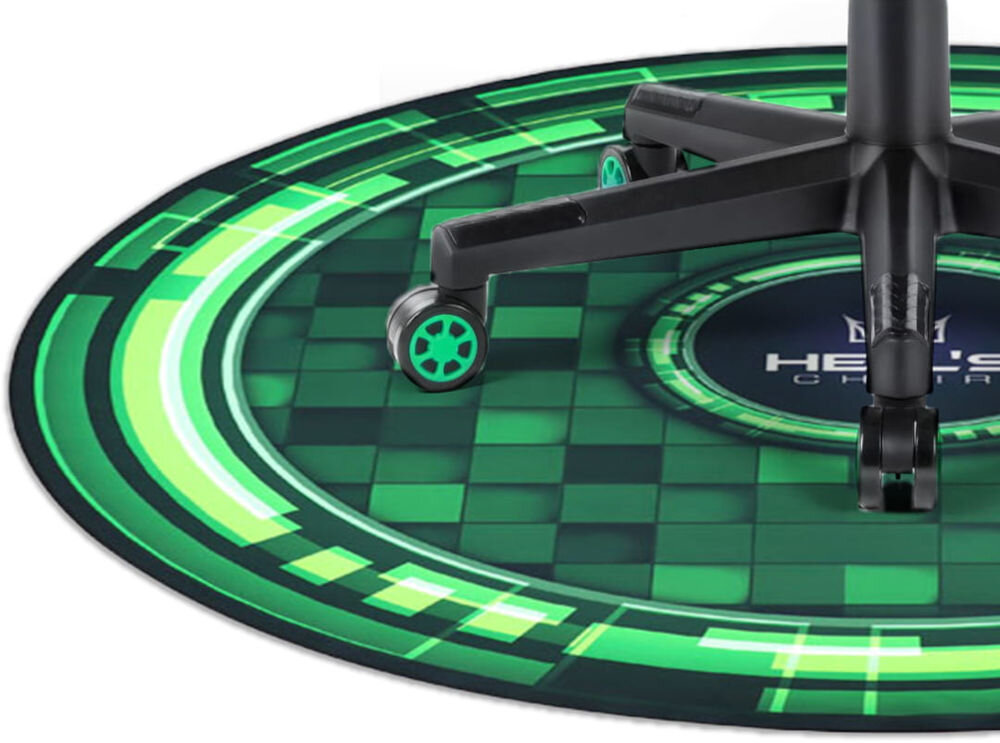 Mata pod fotel HELL'S CHAIR Rainbow Zielony zbliżenie na część maty na białym tle na niej fotel gładka powierzchnia swobodne ruchy fotela usprawnia działanie kółek ergonomia