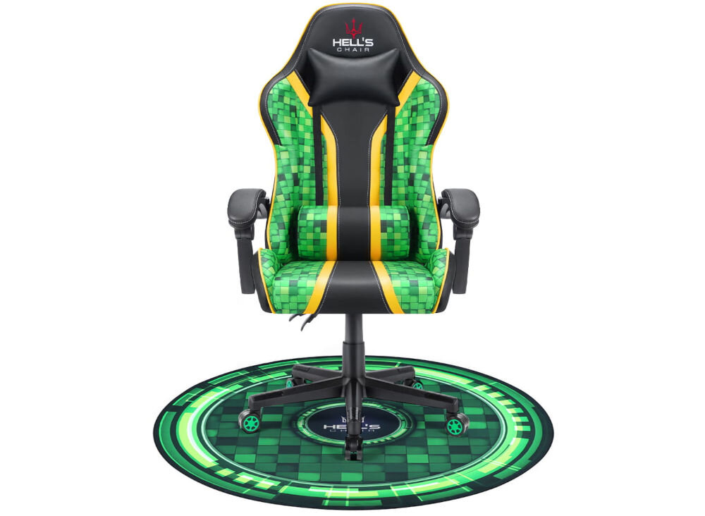 Mata pod fotel HELL'S CHAIR Rainbow Zielony prezentacja maty na białym tle na niej fotel wyrazista grafika funkcja dekoracyjna gamingowy charakter