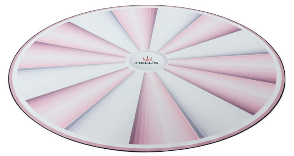 Mata pod fotel HELL'S CHAIR Rainbow Różowo-biały prezentacja maty na białym tle w perspektywie okrągła mata średnica 120 cm swobodne manewrowanie