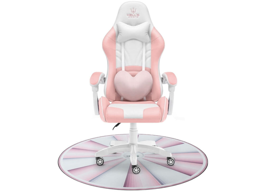 Mata pod fotel HELL'S CHAIR Rainbow Różowo-biały prezentacja maty na białym tle na niej fotel wyrazista grafika funkcja dekoracyjna gamingowy charakter