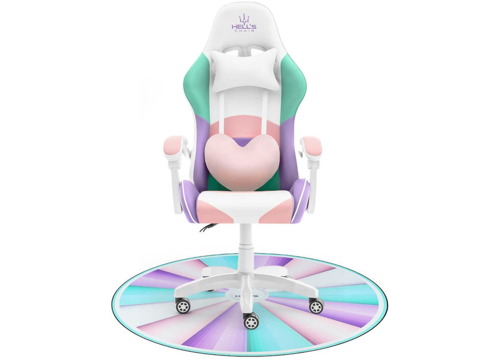 Mata pod fotel HELL'S CHAIR Rainbow Wielokolorowy prezentacja maty na białym tle na niej fotel wyrazista grafika funkcja dekoracyjna gamingowy charakter