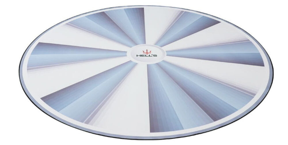 Mata pod fotel HELL'S CHAIR Rainbow Biało-szary prezentacja maty na białym tle w perspektywie okrągła mata średnica 120 cm swobodne manewrowanie