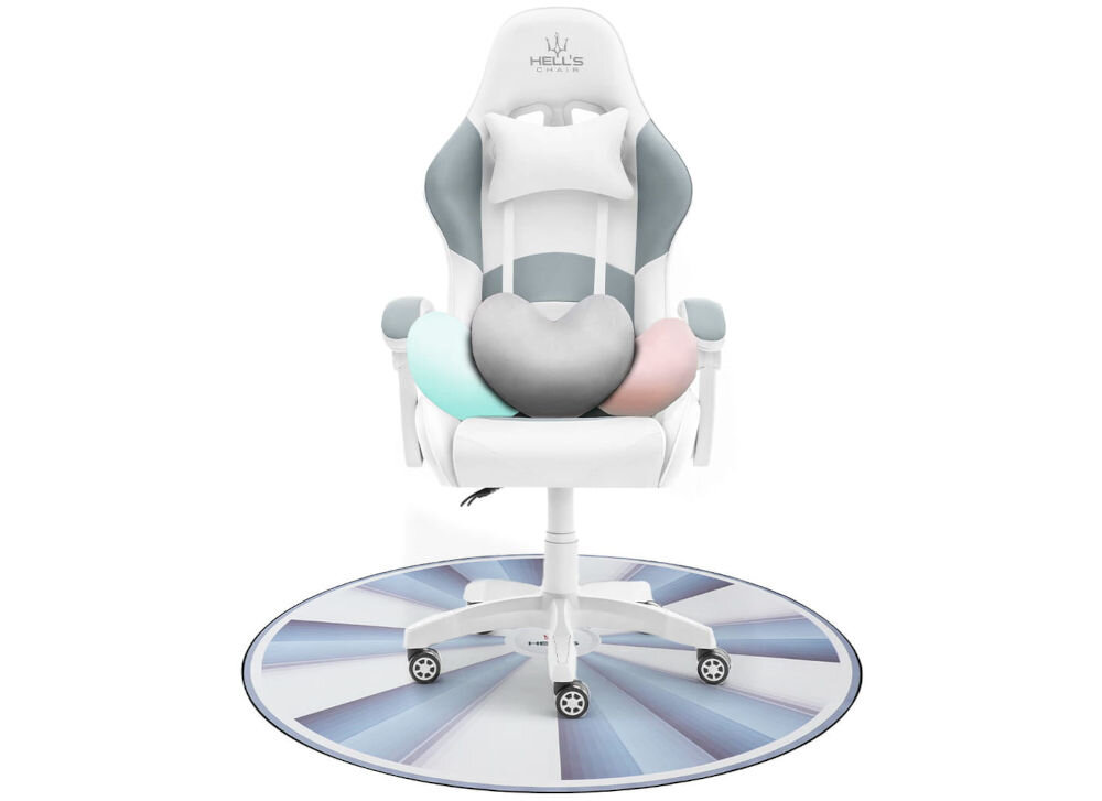 Mata pod fotel HELL'S CHAIR Rainbow Biało-szary prezentacja maty na białym tle na niej fotel wyrazista grafika funkcja dekoracyjna gamingowy charakter