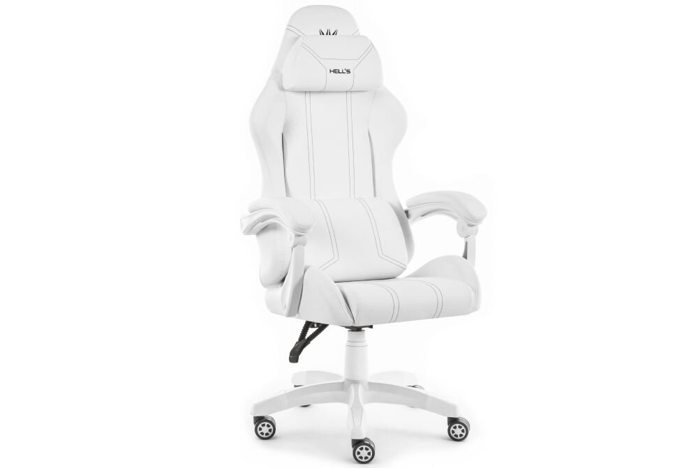 Fotel gamingowy HELL'S CHAIR HC 1014 Biały prezentacja fotela od przodu pod kątem na jasnym tle dopracowany design komfort elegancka forma