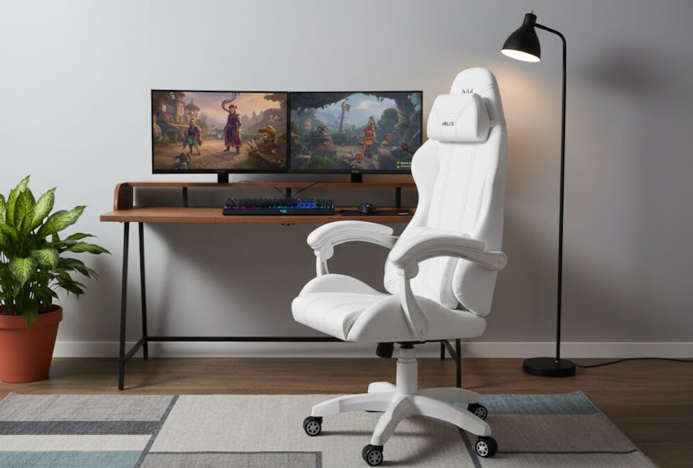 Fotel gamingowy HELL'S CHAIR HC 1014 Biały prezentacja fotela przed biurkiem w pokoju wzrost optymalne dopasowanie podparcie ciała komfort
