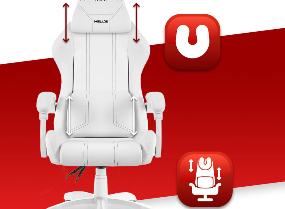 Fotel gamingowy HELL'S CHAIR HC 1014 Biały prezentacja fotela na czerwono-białym tle strzałkami zaznaczona możliwość regulacji poduszek ikony poduszka lędźwiowa poduszka wspierająca mięśnie karku odpowiednie podparcie dla ciała komfort suwak wymiana wypełnienia indywidualne potrzeby