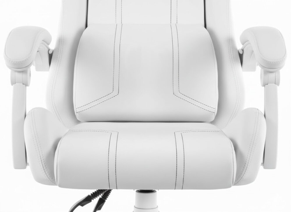 Fotel gamingowy HELL'S CHAIR HC 1014 Biały zbliżenie na siedzisko i poduszkę fotela jasne tło dbałość o elementy trwała i praktyczna skóra ekologiczna HDPL poduszka pod lędźwie tapicerowane podłokietniki