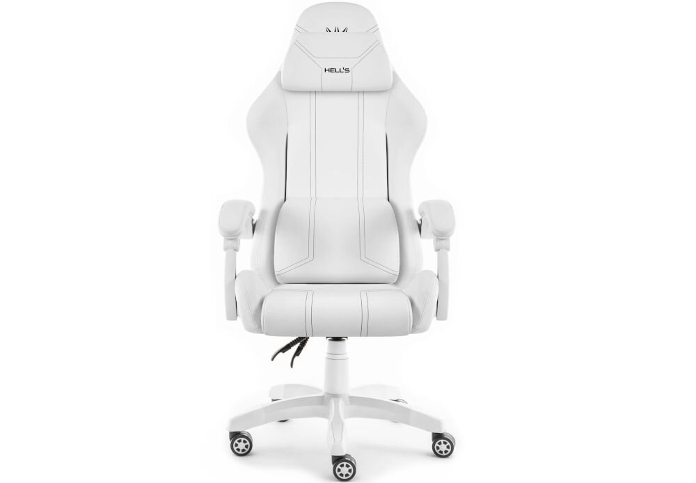 Fotel gamingowy HELL'S CHAIR HC 1014 Biały prezentacja fotela od przodu na jasnym tle solidna konstrukcja wypełnienie z termo-elastycznej pianki Free Air zimnej pianki CF sprzyja utrzymaniu prawidłowej postawy