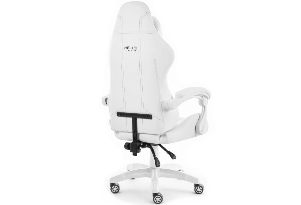 Fotel gamingowy HELL'S CHAIR HC 1014 Biały prezentacja fotela od tyłu pod kątem na jasnym tle wyprofilowany kształt oparcia zapobieganie dolegliwościom bólowym kręgosłupa utrzymanie prawidłowej postawy komfort