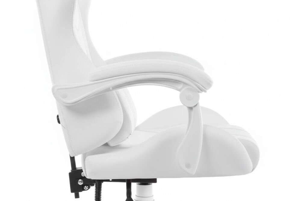 Fotel gamingowy HELL'S CHAIR HC 1014 Biały zbliżenie na podłokietniki jasne tło miękkie wypełnienie solidne podparcie spójna stylistyka komfort przedramion