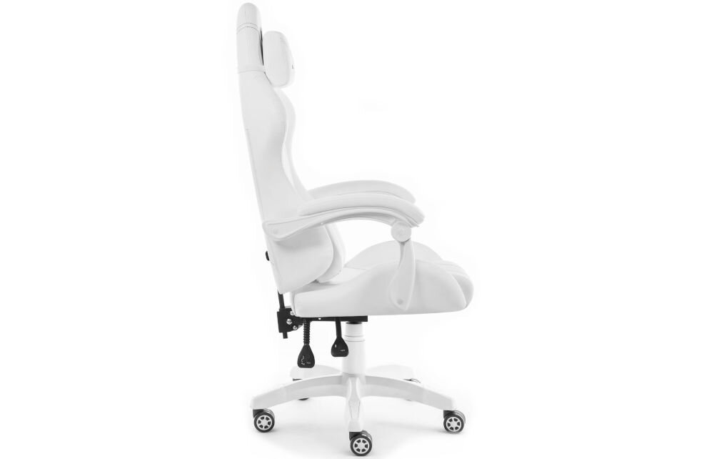 Fotel gamingowy HELL'S CHAIR HC 1014 Biały prezentacja fotela od boku na jasnym tle płynnie regulowana wysokość siedziska prawidłowa cyrkulacja krwi redukcja uczucia zmęczenia nóg podnośnik gazowy certyfikat SGS