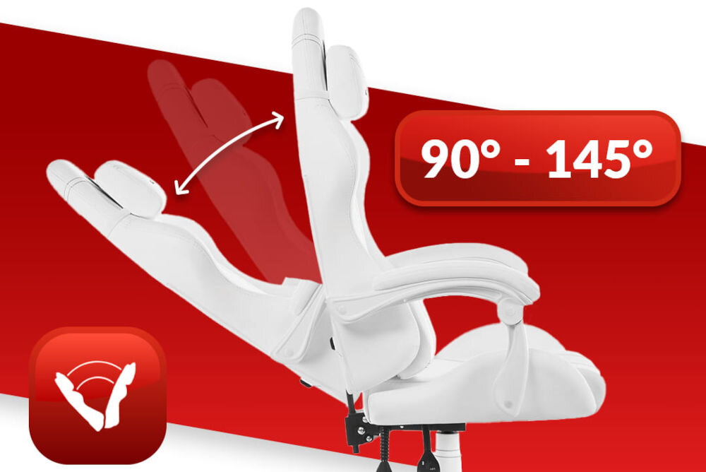 Fotel gamingowy HELL'S CHAIR HC 1014 Biały prezentacja fotela od boku i jego możliwej regulacji na czerwono-białym tle płynna regulacja kąta pochylenia oparcia zakres wygodna dźwignia optymalna pozycja dla komfortu