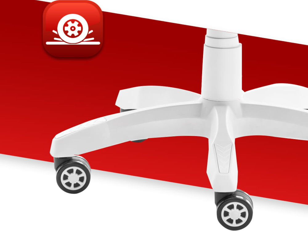 Fotel gamingowy HELL'S CHAIR HC 1014 Biały zbliżenie na kółka na czerwono-białym tle ikona kółek poliuretanowo-kauczukowa powłoka cicha i płynna praca ochrona podłogi